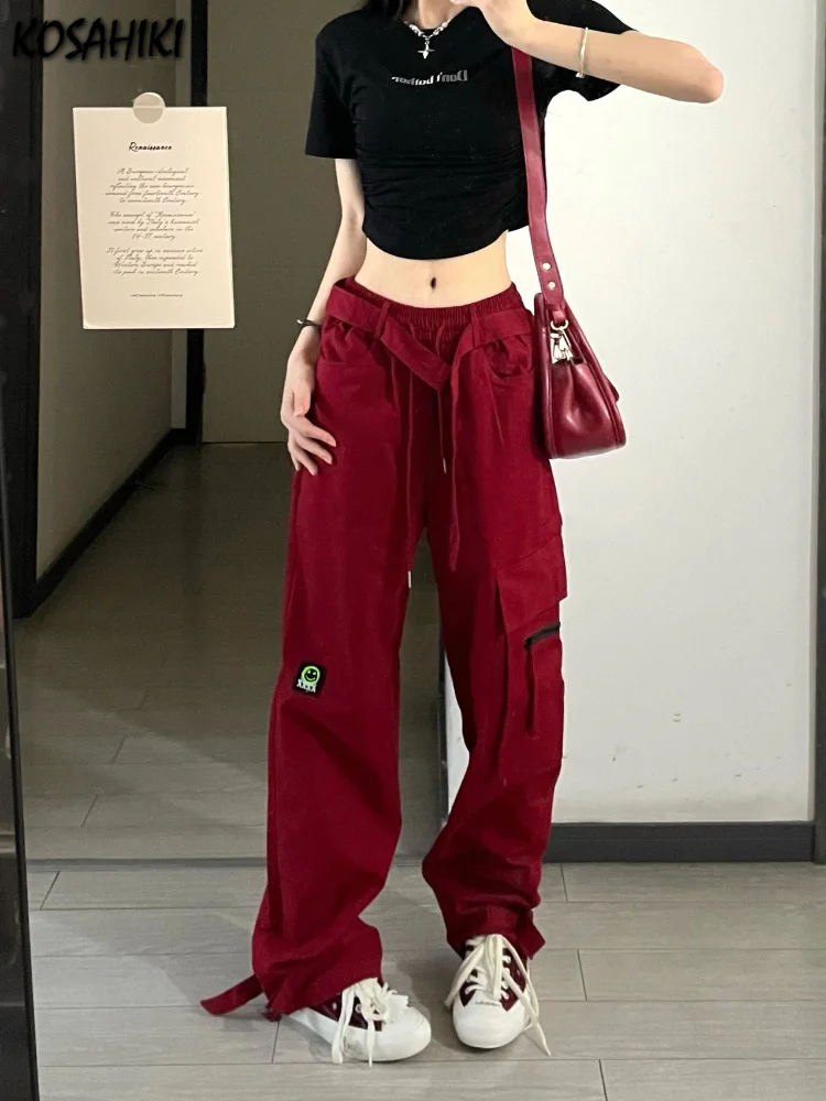 

Брюки-карго Y2K женские с высокой талией, винтажные мешковатые спортивные штаны с карманами, уличная одежда, базовые Джоггеры в Корейском стиле