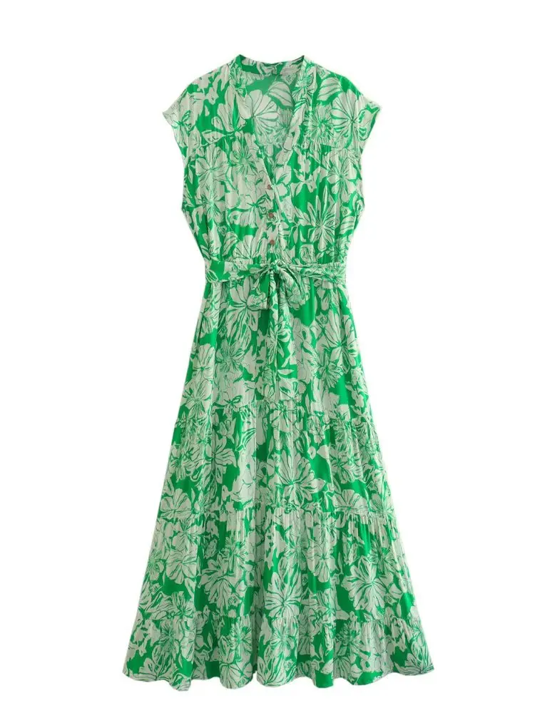 

MESTTRAF женское модное платье Y2K с поясом с принтом, винтажное платье миди с коротким рукавом и пуговицами спереди, женские платья, платья