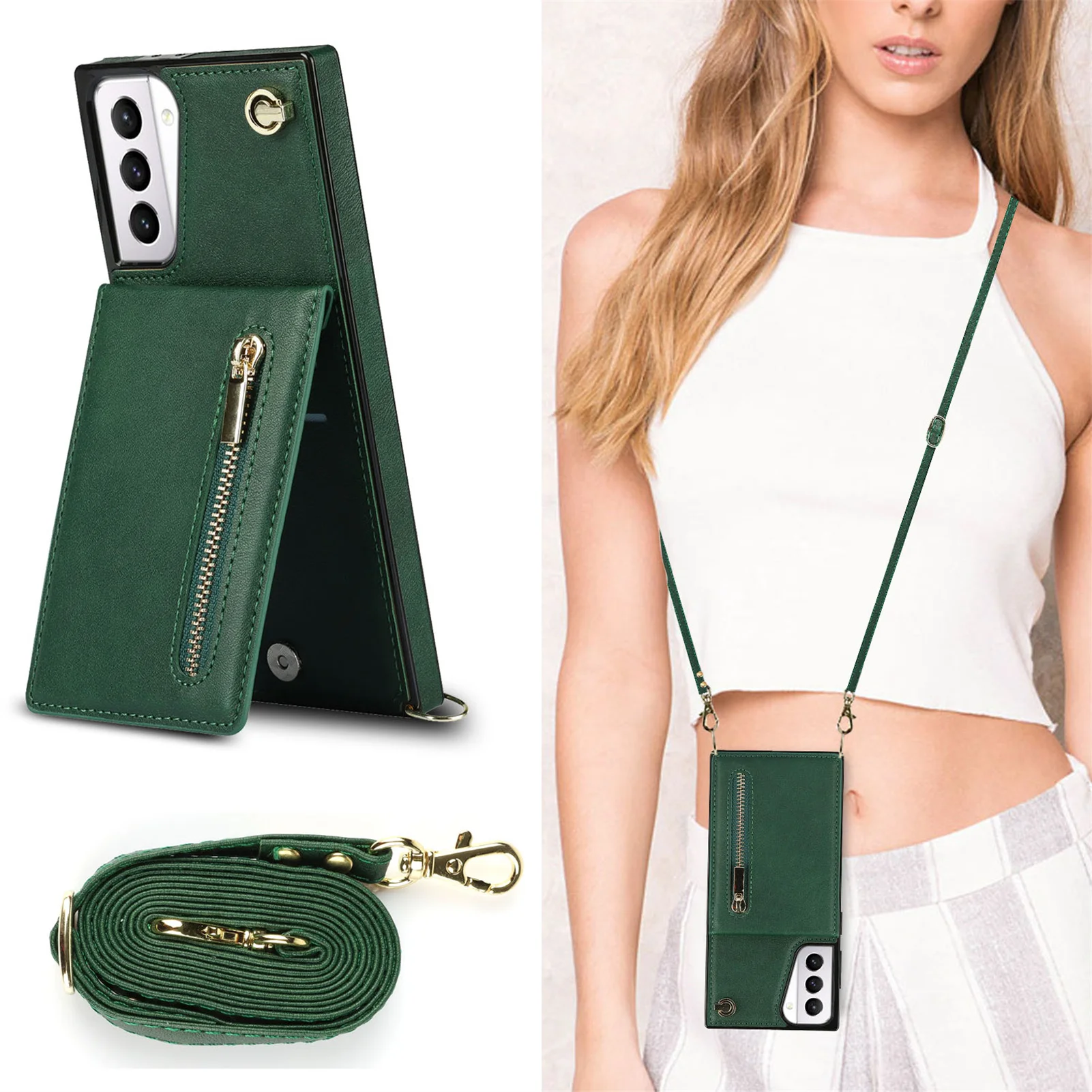 

Zipper Wallet Case for Samsung Galaxy S20 S21 FE S22 Plus Note 20 Ultra Card Holder Lanyard Strap Crossbody Leather Cover