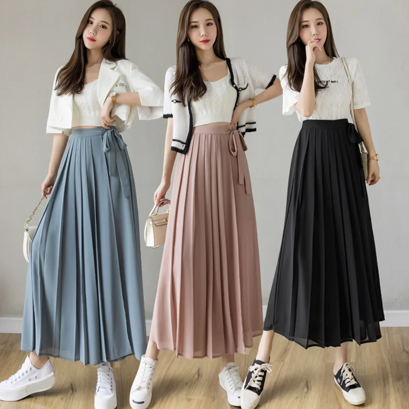 

Culottes Spring 2023 New Chiffon Trousers Elastic Waist Pants Casual Pleated Mesh Skirt Streetwear Loose Fashion Women Clothes