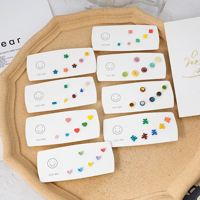 

925 Silver Needle Women's Earrings Set Candy Color Ear Stud Bohemian Fashion Party Jewelry Geometric Floral Stud Earrings Gift