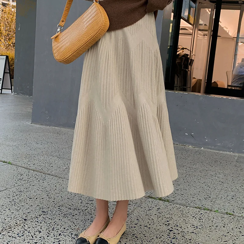 

Knitted Skirt 2022 New High Waist Medium Long Woolen Khaki Versatile Skirt Autumn and Winter Women