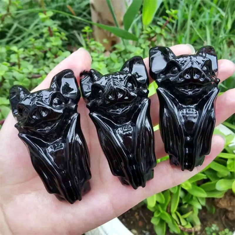

Natural High Quality Black Obsidian Crystal Hand-Carved Bat Animal Stone Quartz Figurine Home Decoration Accessories 1pcs