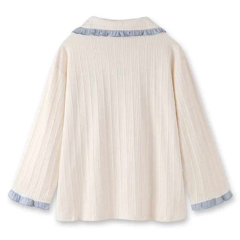 QWEEK Pajamas for Women Cotton Solid Color Heart Embroidery Pijamas Lapel Ruffle Sleeves Sleepwear Home Clothes Pyjamas Pocket