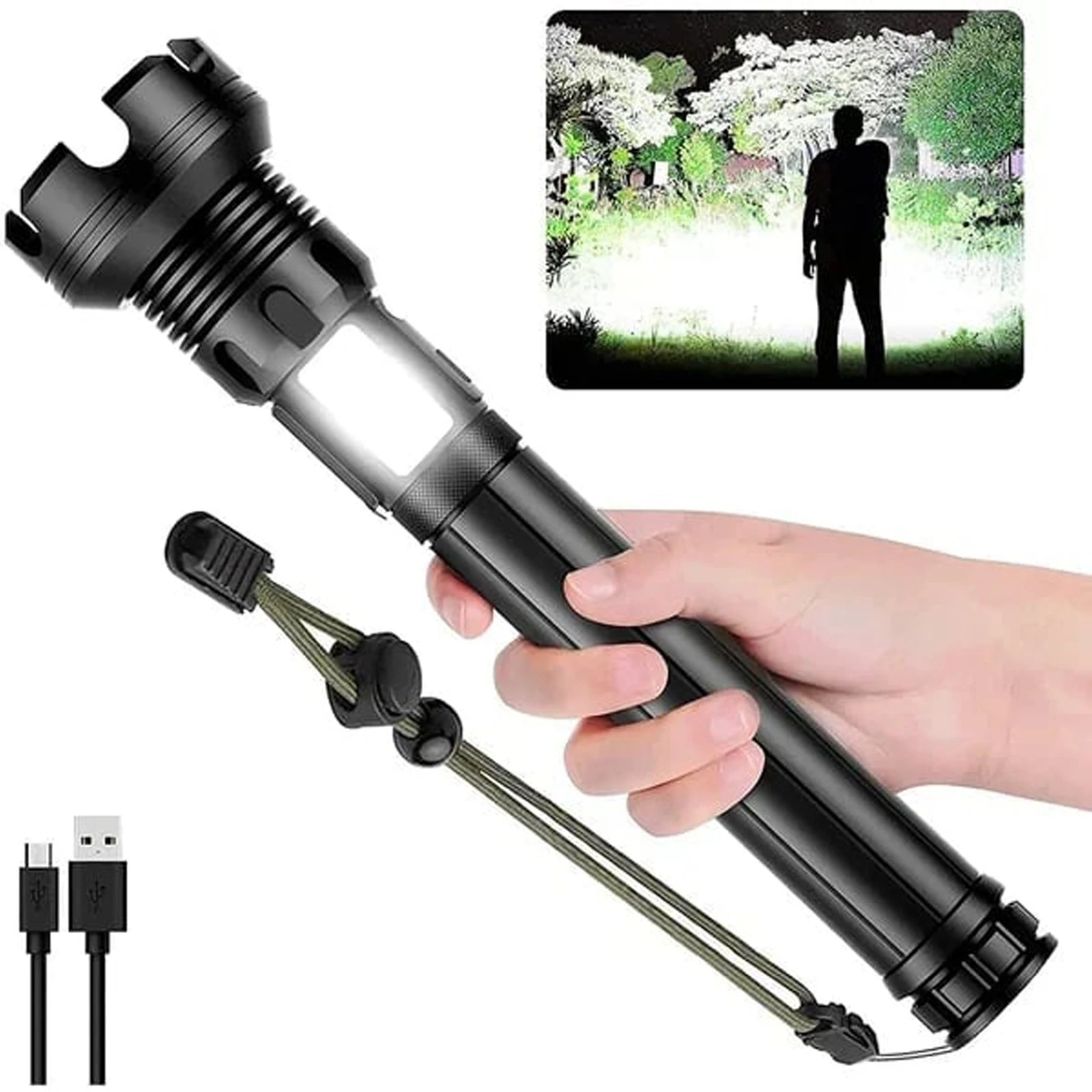 

Powerful LED Flashlight P70 P90 Lamp Bead Zoomable 3 Lighting Modes LED Torch Support for Mircro Charging Hunting Lamp