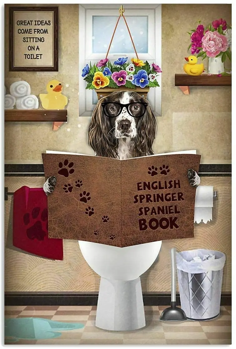 

English Springer Spaniel On The Toilet Reading Book Vintage Metal Tin Sign for Home Office Coffee People Cave Wall Decoration