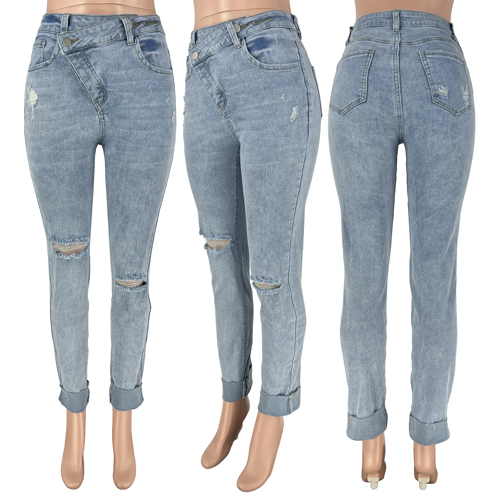 Ripped Hole Women Jeans Personalized Diagonal Buckle High Waist Skinny Denim Pencil Pants 2023 Summer Elegant Office Lady Capris