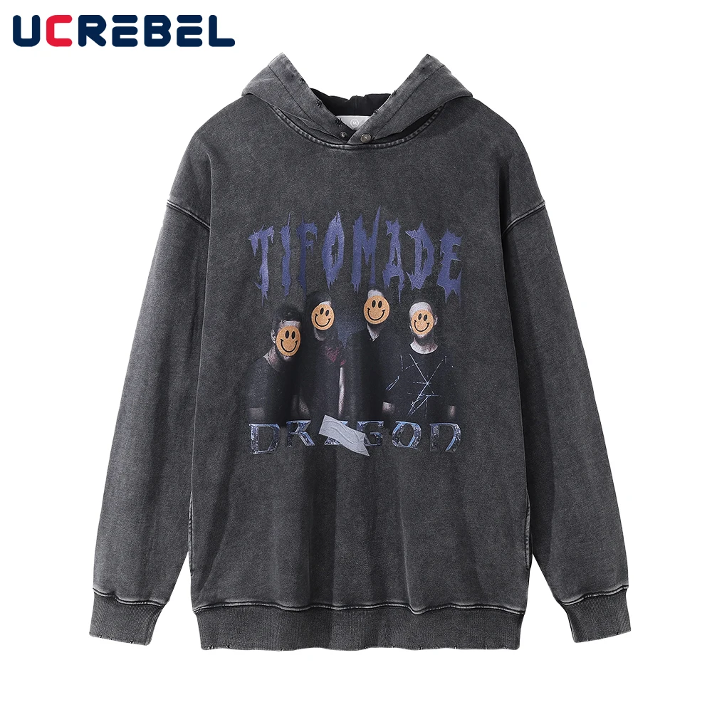 

Pattern Print Side Pockets Hooded Sweatshirts Mens Autumn Loose Washed Distressed Retro Casual Long Sleeve Sports Pullover Men