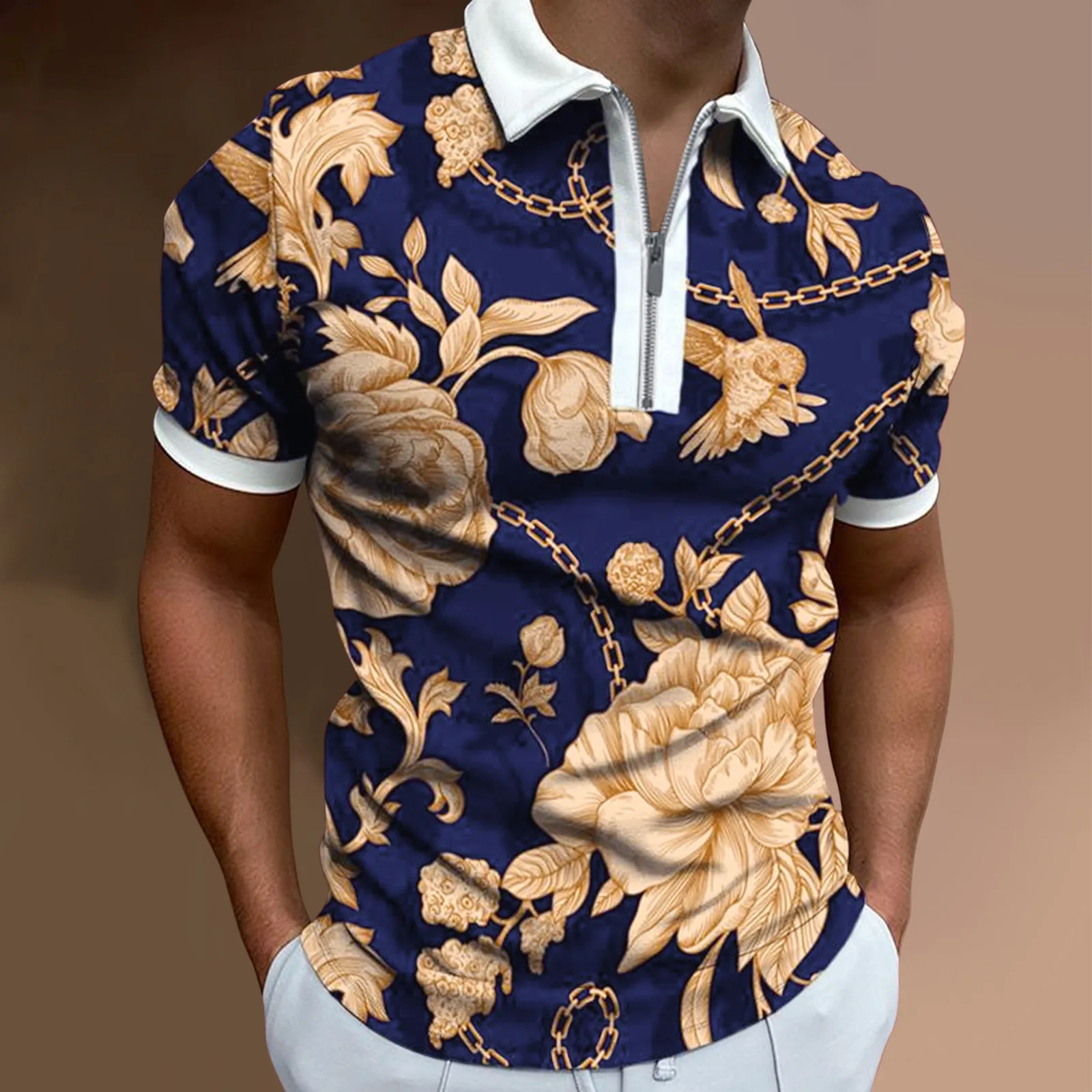 

Футболка мужская из спандекса, Повседневная летняя рубашка с принтом цепей, с отложным воротником, хлопковая с короткими рукавами, атлетика