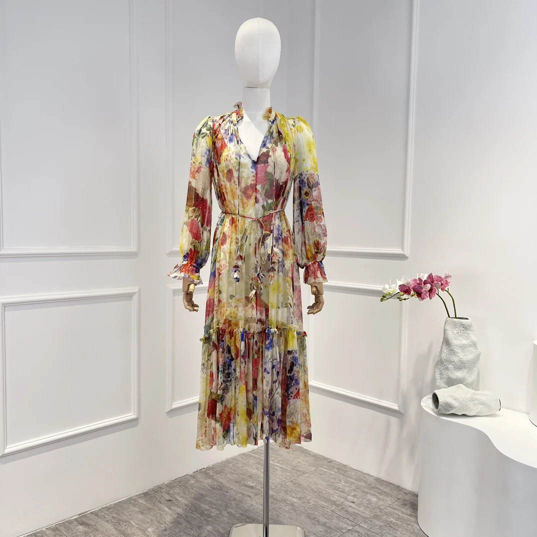 

Женское винтажное Плиссированное мини-платье, Пляжное Платье высшего качества с цветочным принтом и расклешенными рукавами, весна-лето 2023