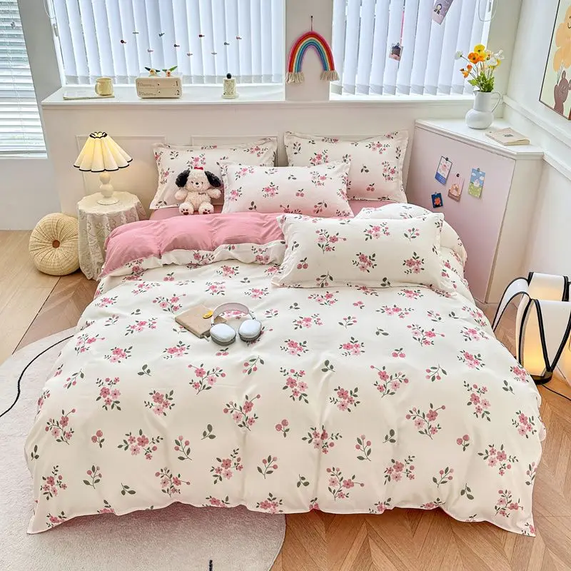 Белый Розовый Комплект постельного белья Ins Floral Twin Queen Size Пододеяльник Плоская