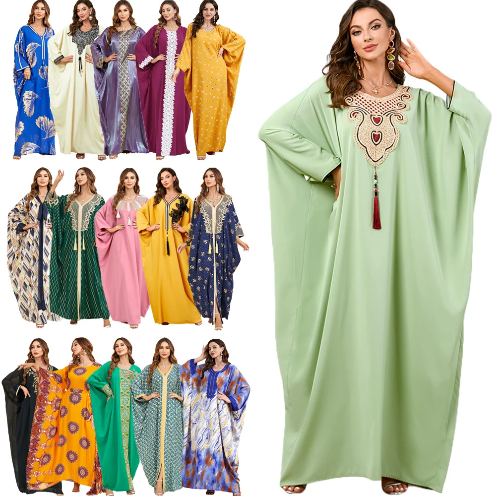 

Women Batwing Sleeve Maxi Dress Moroccan Kaftan Dubai Abaya Eid Ramadan Jalabiya Robe African Dashiki Muslim Tassel Caftan Gown