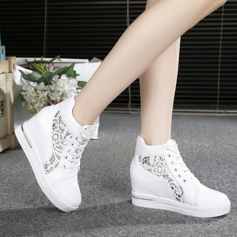 

Women Wedge Platform Sneakers Rubber Leather High heels Lace Up Shoes Pointed Toe Height Increasing Creepers White 2022