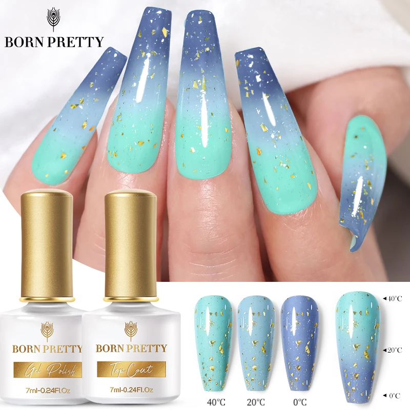 

BORN PRETTY Thermal Glitter Top Coat Gel Nail Polish Set 2PCS Matte Eggshell Temperature Color Changing Semi Permanent Varnish