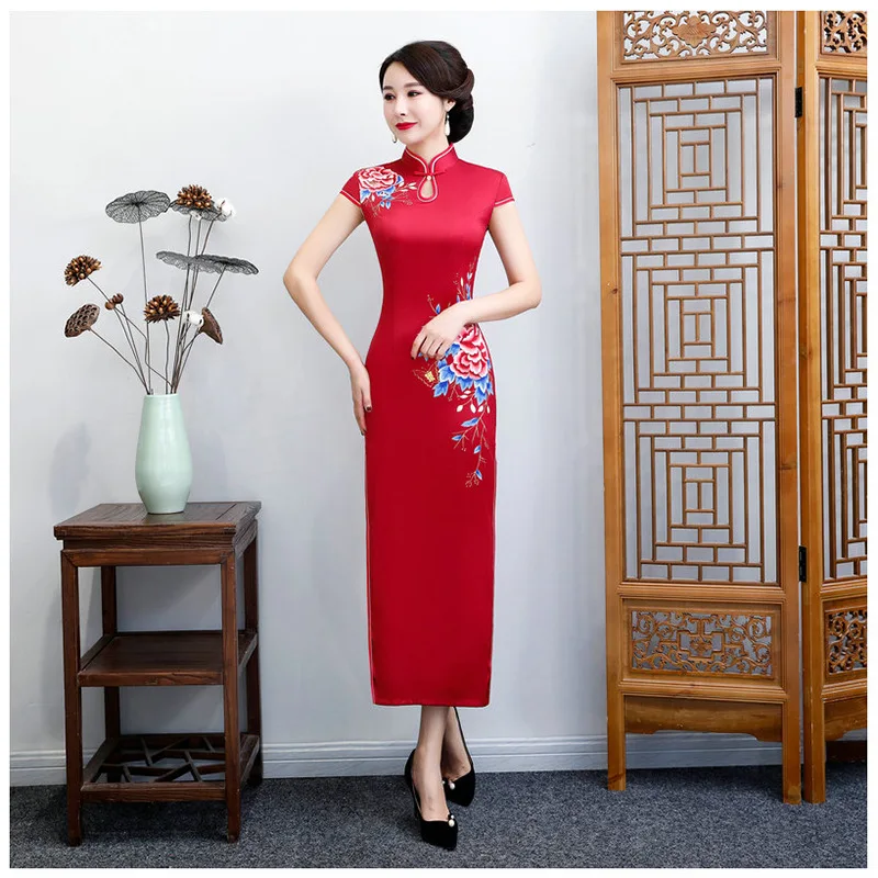 

Flower Sexy Red Satin Qipao Evening Party New Dresses Gown Mandarin Collar Women Oversize 3XL-6XL Cheongsam Slim Vestidos