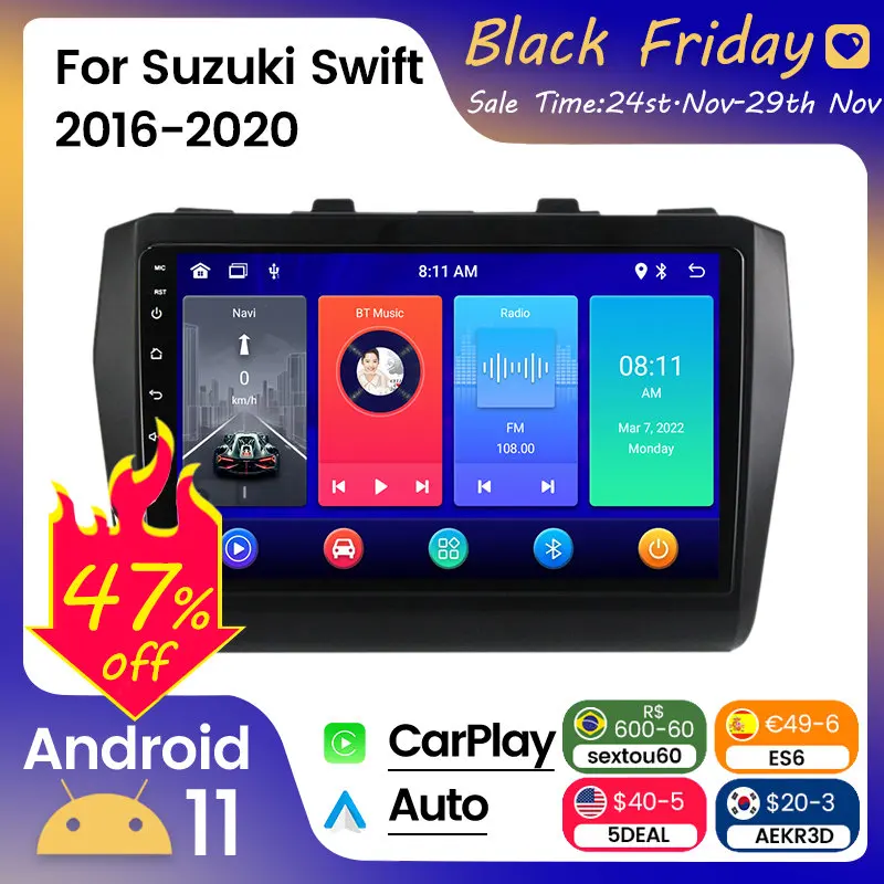 

Автомобильный радиоприемник 2DIN Android 11 8G 128G для Suzuki Swift 2016 2017 2018 2019 2020 стерео Мультимедийный Плеер Carplay + Авто WIFI RDS DSP BT