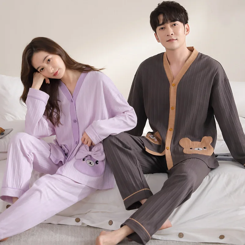 Kimono Cotton Men Home Suit Autumn Long Sleep Tops Women Pajamas Set Pjs Couple Pijamas Suit Male Female Homewear Freeshipping
