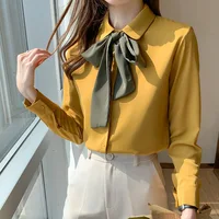 JMPRS Elegant Yellow Chiffon Blouse Female College Style Long-sleeved Bow Shirts Tops Fall 2022 Office Ladies Blusas Mujer