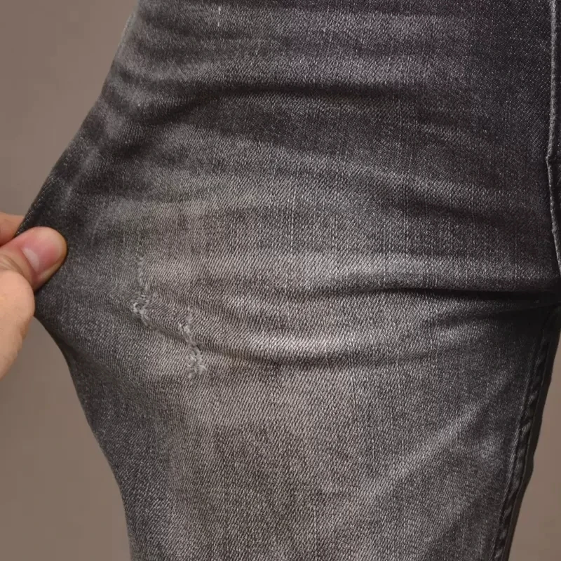Autumn Men Dark Gray Jeans Streetwear Slim Fit Straight Pants Korean Style Fashion Scratched Denim Trousers CP2030