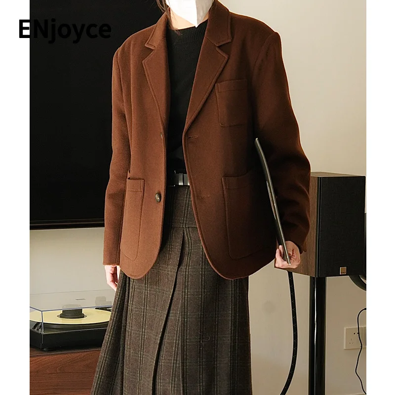 

Women Retro Silhouette Wool Tweed Lapel Suit Blazers Female Korean Style Loose Warm Thicken Coats Office Lady Winter