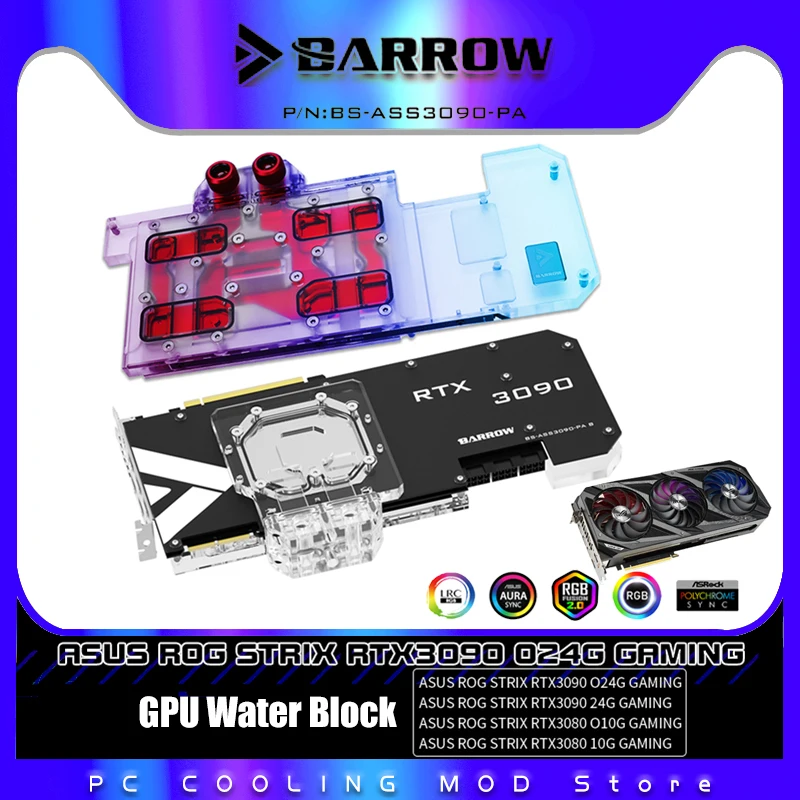 

BARROW GPU водяной блок для игровой графической карты ASUS ROG STRIX 3090/3080, полностью закрытый кулер VGA M/B 5V ARGB SYNC BS-ASS3090-PA