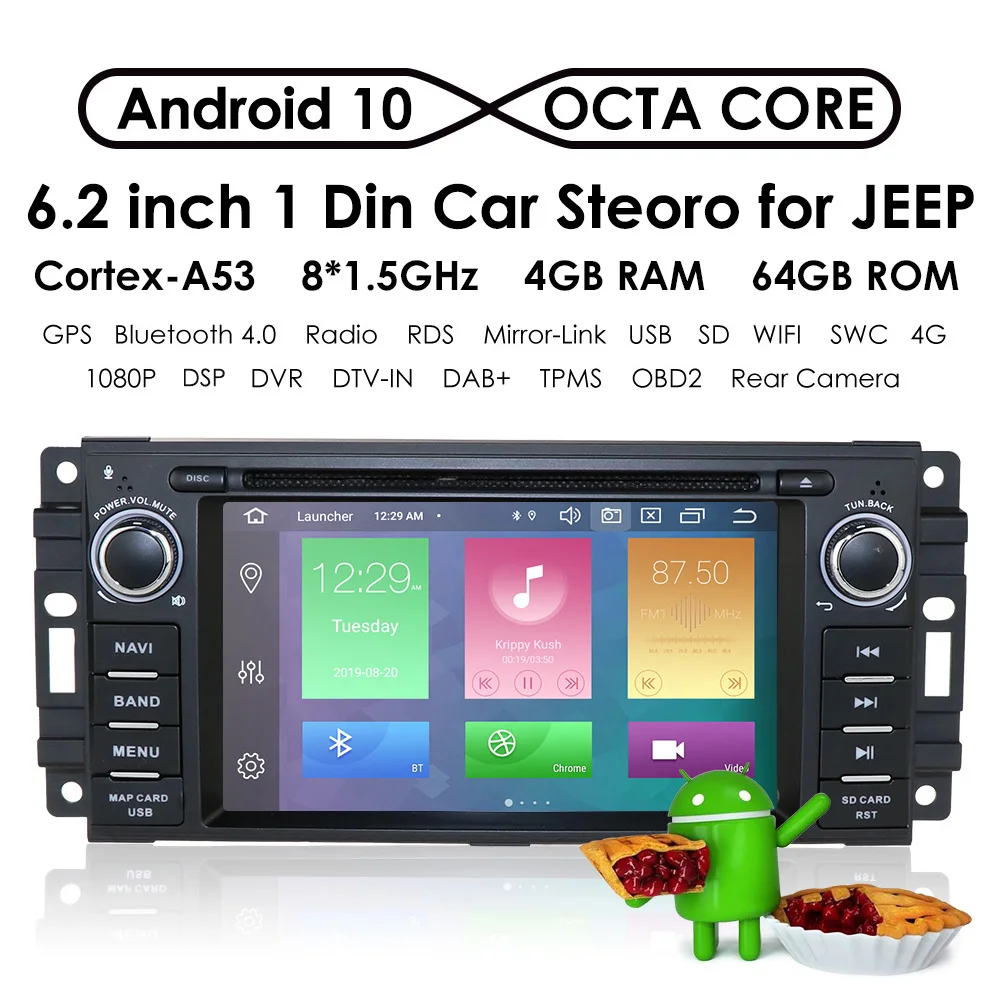 

Автомагнитола 1 Din Android 10, DVD для Jeep Cherokee 2009 2008 2010 Wrangler Dodge DAKOTA Challenger, Chrysler 4G + 64G стереоплеер