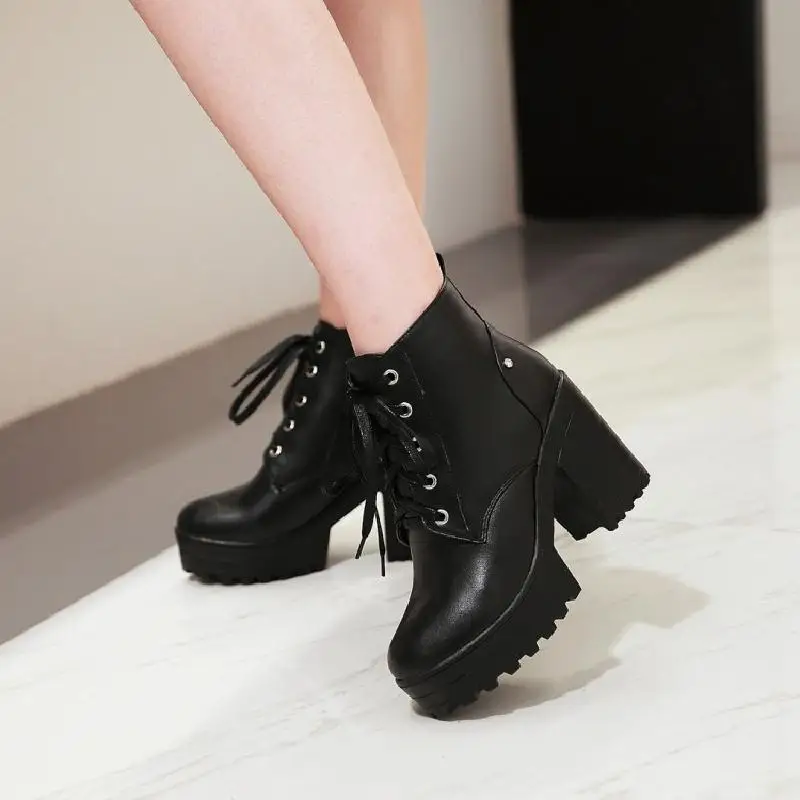 

High Heel Boots Women Platform Ankle Boots Lace Up British Style Female Heel Boots
