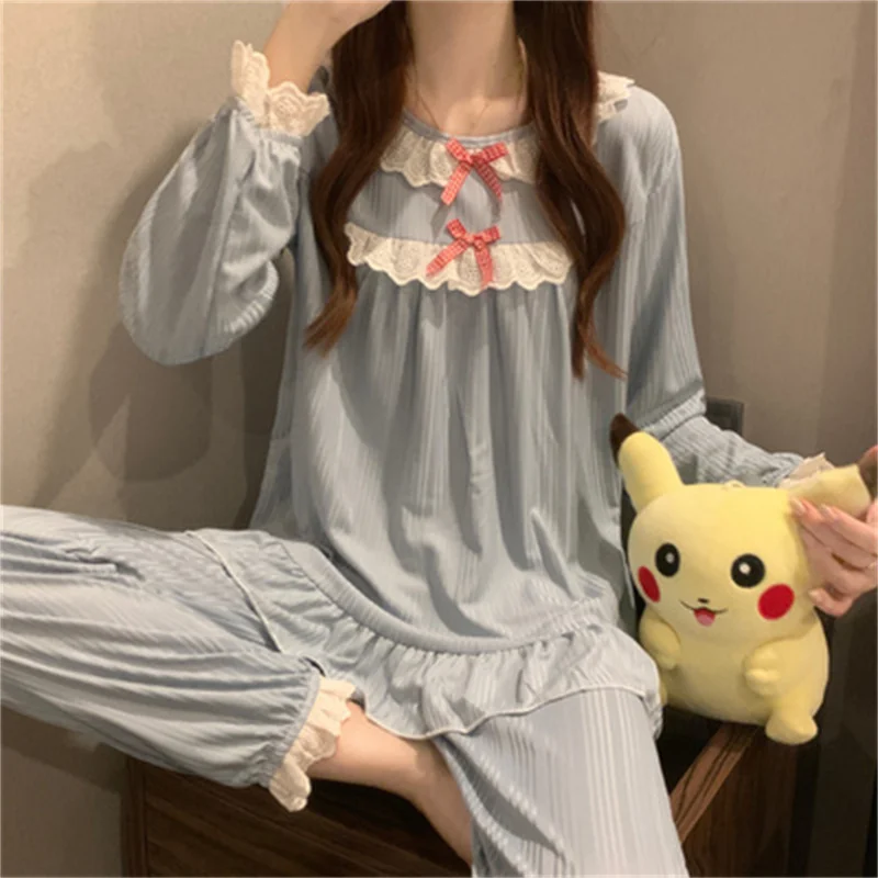 Pajamas Set Sexy Bow Sleepwear For Women Pink Elastic Pyjama Women's Polyester Fashion Sweet Homewear Clothes Big Size