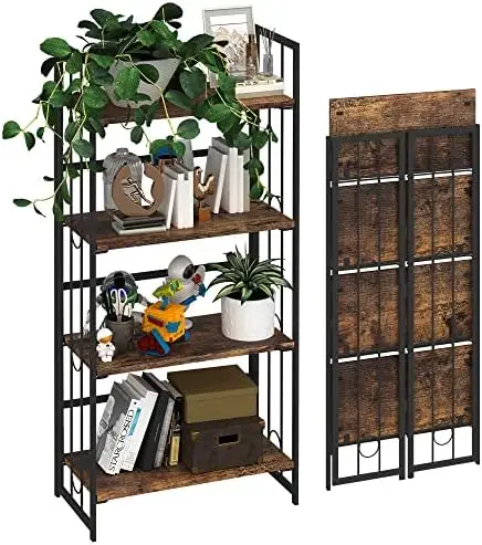 

4 Tiers Folding Bookshelf Storage Shelves Vintage Bookcase Standing Racks Study Organizer Home Office - Rustic Brown and Black B