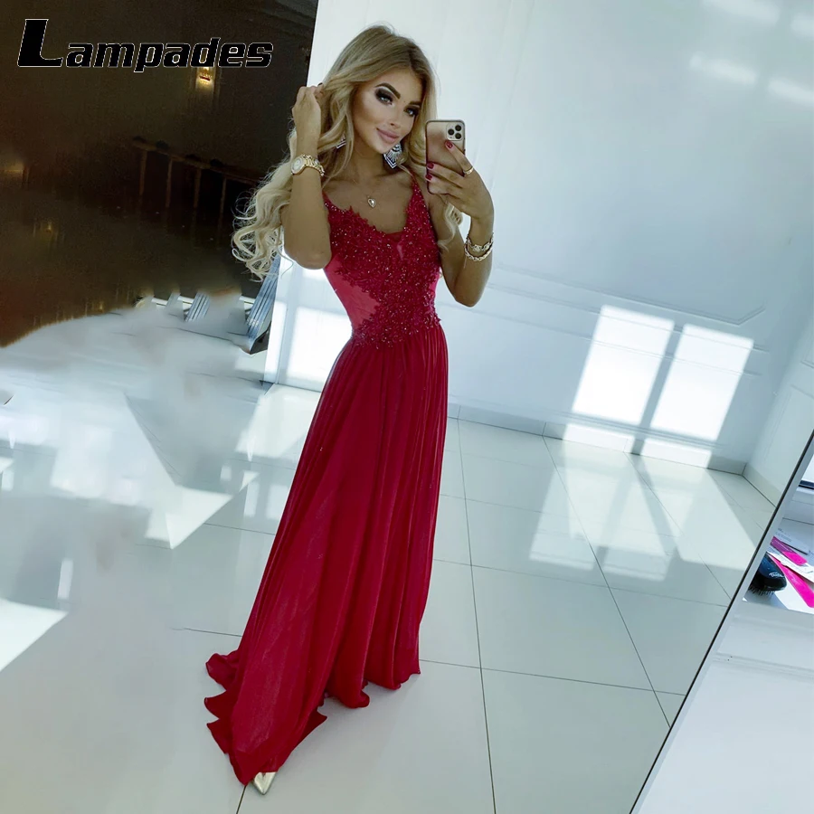 Spaghetti Straps Red Evening Dress robe soiree femme longue vestidos para señoras de 50 años elegantes Sexy Party Dress Chiffon