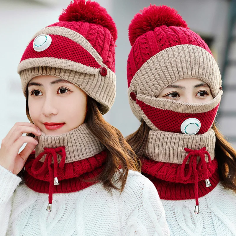 

Warm Earmuffs Knitted Wool Hat and Scarf Sets Lady Autumn Winter Cycling Cap Accessories Beanies Warm Cap
