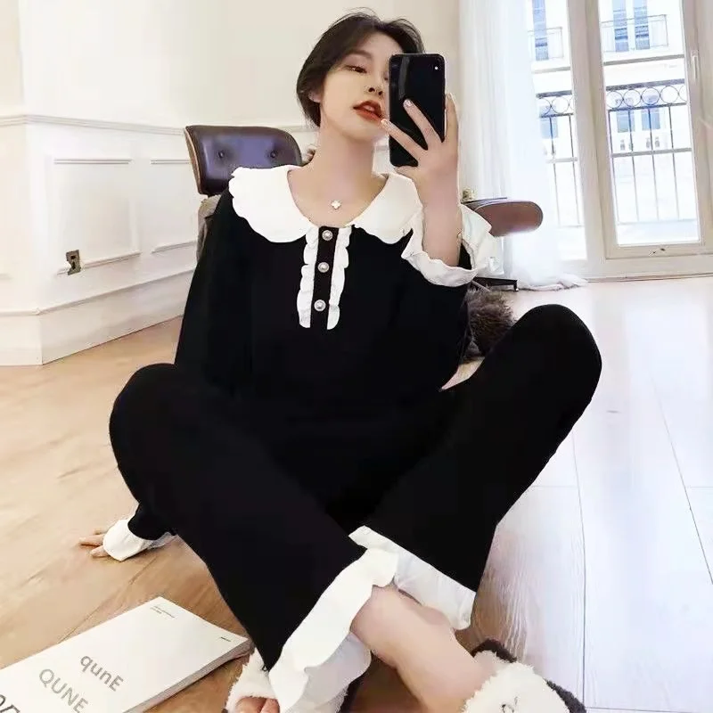 Spring Pajamas Set Full Sleeve Tops Long Pants Sexy Lace Bow Pyjama Big Size Homewear Cozy Sweet Sleepwear 2Piece/Set