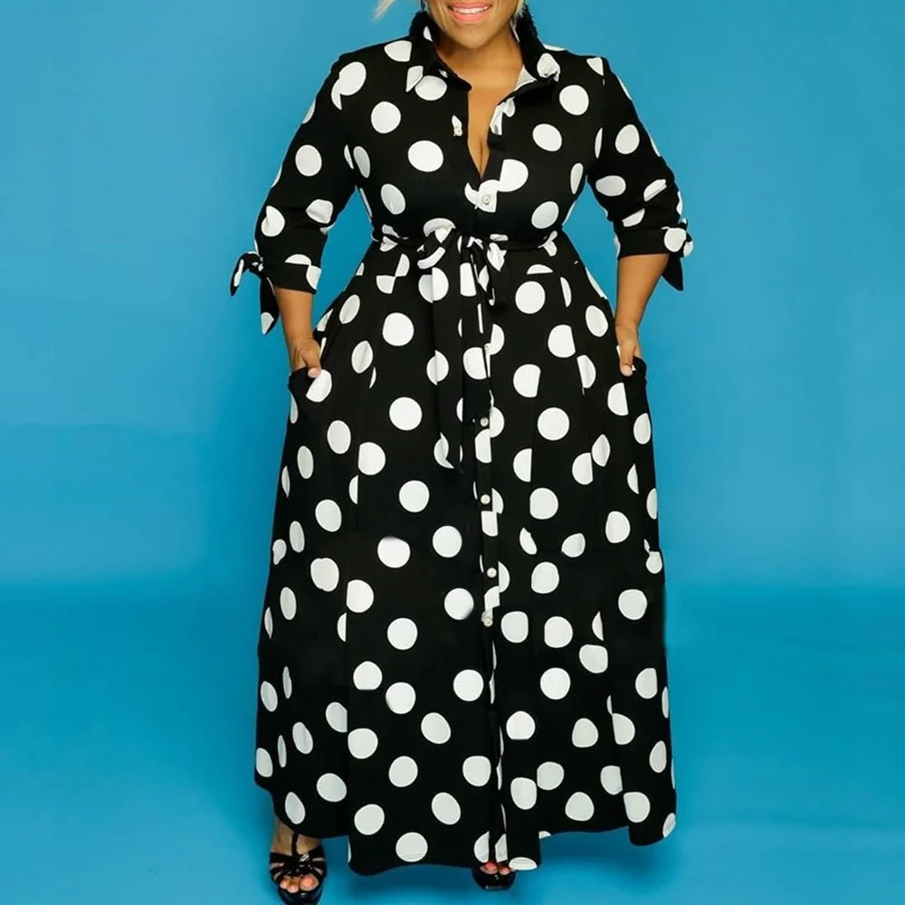 Plus Size Large Women's Dress New Ins Net Red Large Shirt Long Sleeve Dot Print Dress Loose Lace-up Casual Female Clothes