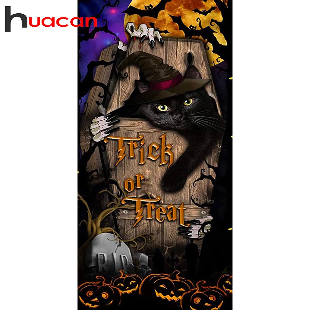 

Huacan Хэллоуин алмазная живопись кот мозаика 5D Сделай Сам Алмазная Вышивка Тыква Стразы картины на стену