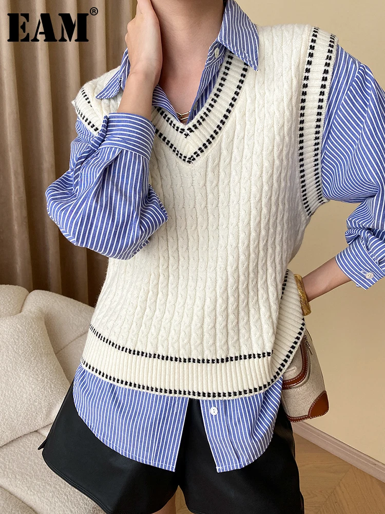 

[EAM] Women Loose Fit Beige Topstitched Big Size Knitting Vest New V-collar Sleeveless Fashion Tide Spring Autumn 2023 1DH0279