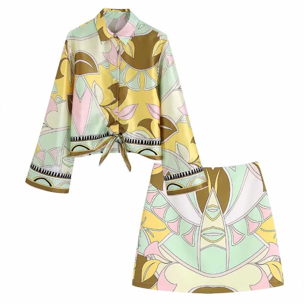 

URMASZA2022 Female clothing spring summer New Fashion Oversized Shirt Print Button-up Long Sleeve Women Blouse skirt suit