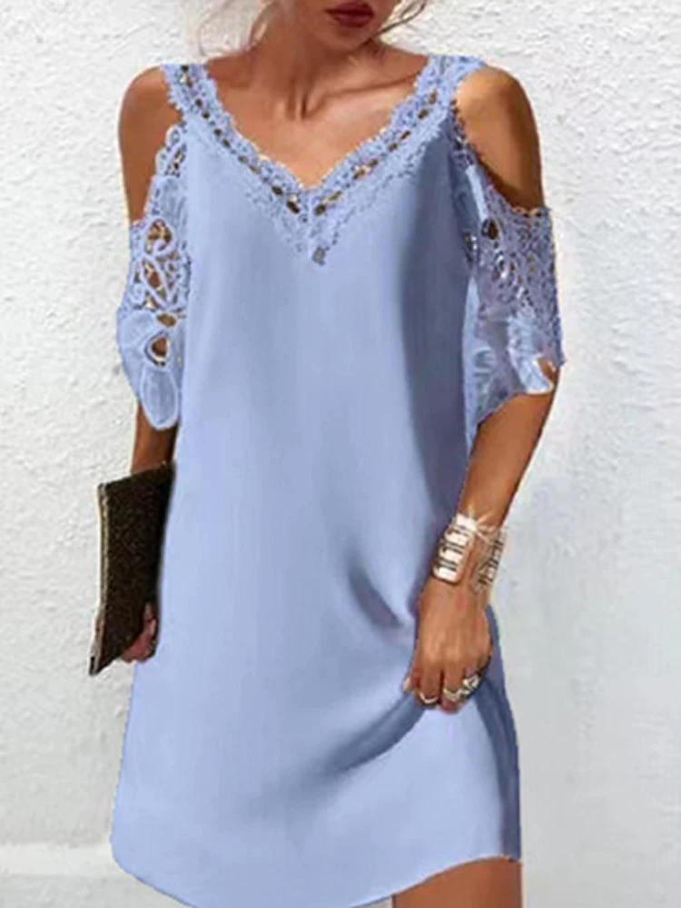 

Элегантное повседневное женское модное кружевное платье-пуловер с коротким рукавом 2022, вечернее пикантное свободное шикарное платье-трапе...