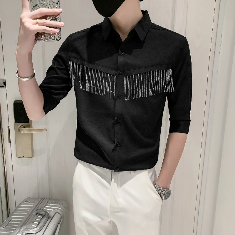 

Camisas De Hombre Plus Size 4XL-M Fashion Half Sleeve Tassel Shirts Men Tuxedo Casual Slim Fit Singer/Stage/Dancer Costumes Sale