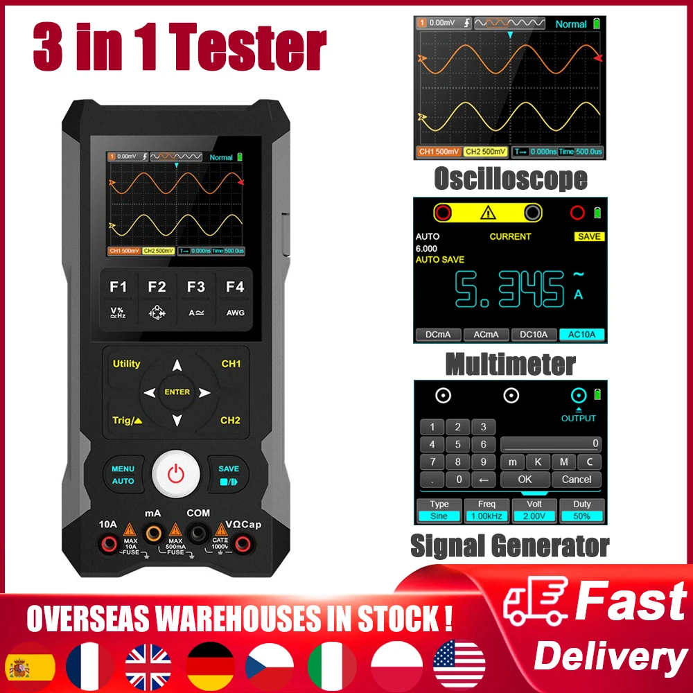 

3 in 1 Digital Oscilloscope Multimeter Signal Generator 80Mhz Bandwidth 250MSa/s Sampling Rate Dual Channel Multifunction Tester