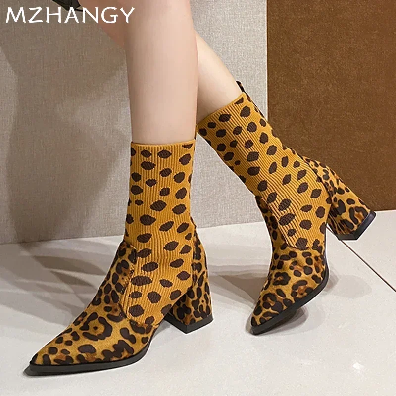 Вязаные ботильоны на высоком каблуке с леопардовым принтом женские туфли