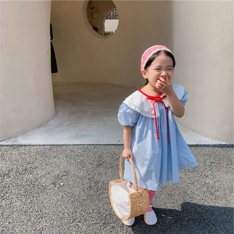 Детское платье в стиле преппи летнее новое принцессы с кукольным воротником для