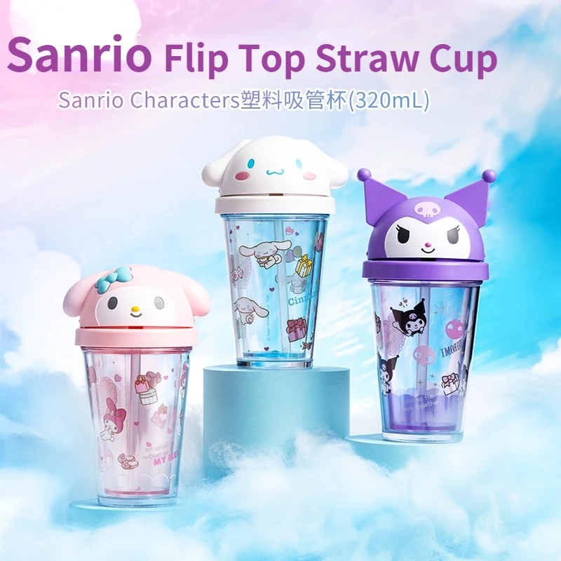 320ML Kawaii Sanrio Characters Flip Top Straw Cup My Melody Kuromi Cinnamoroll Cartoon Cute Transparent Water Cup Gifts For Girl