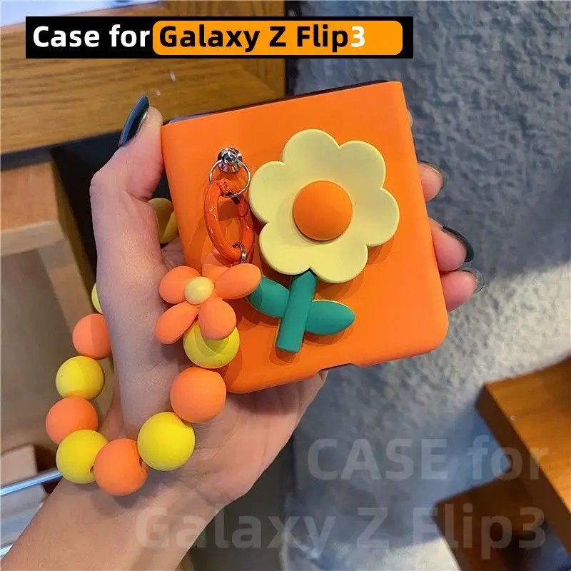 

3D FLOWER Case for Samsung Galaxy Z flip3 5g,Samsung Galaxy Z Flip3 Case with bracelet, cute cover for girls