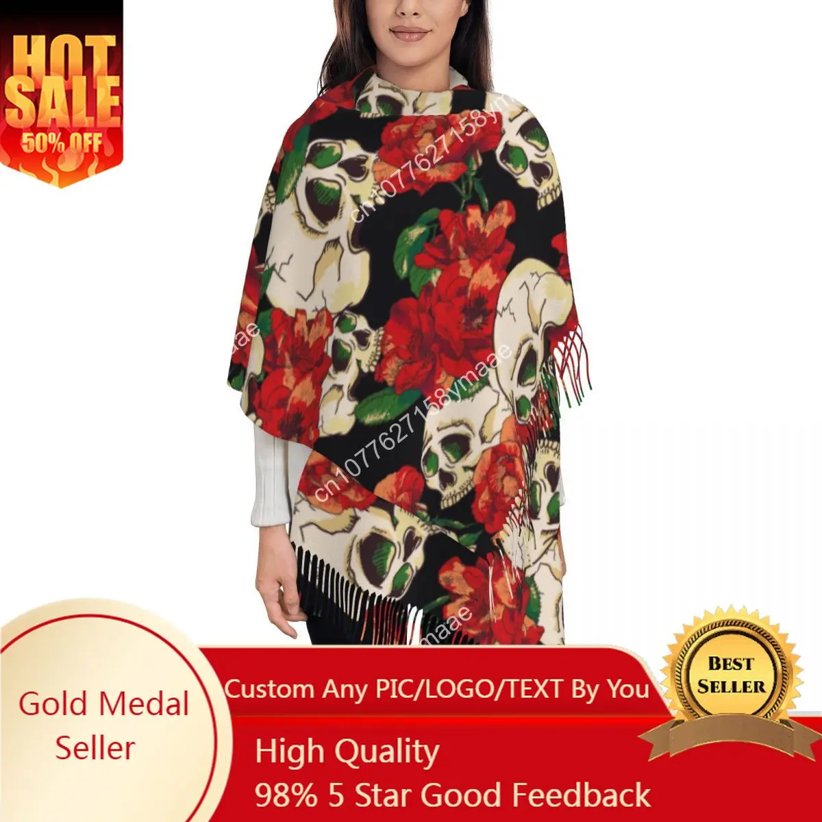 

Custom Egypt Womens Tassel Scarf Floral Skull Large Winter Fall Shawl And Wrap Vintage Daily Wear Cashmere Scarf