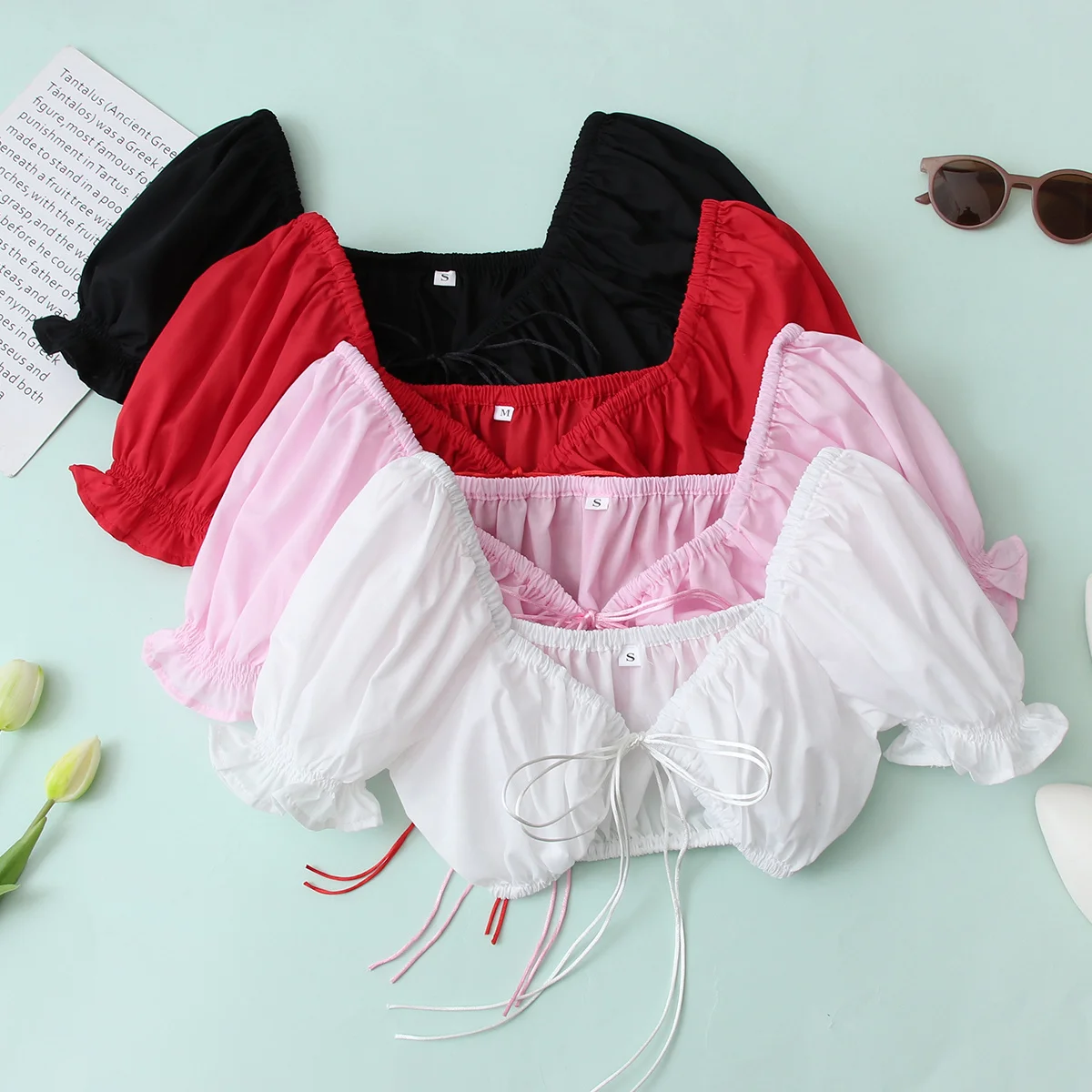 

Zevity Women Summer 2022 Lace Up Bow tie Sexy Short Blouse Y2K Ladies Puff Sleeve Solid Corset Shirts Femme Crop Tops LS756