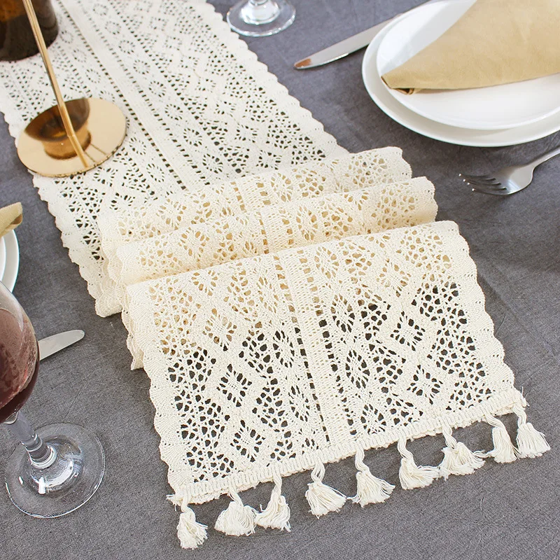 

Beige Crochet Lace Table Runner with Tassel Hollow Tablecloth for Dining Wedding Party Decoration Nordic Romance Table Cover