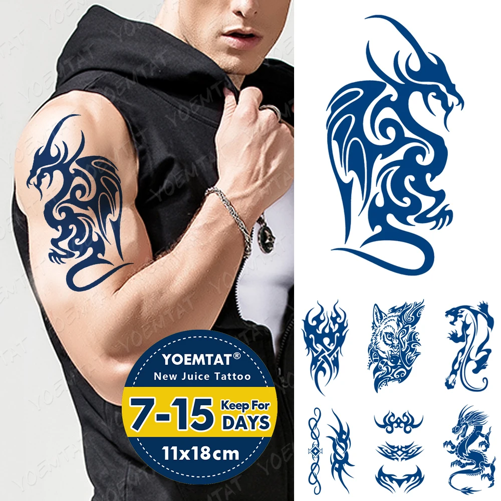 

Blue Ink Juice Waterproof Temporary Tatto Sticker Dragon Totem Wolf Tiger Body Art Fake Tattoo Men Women Long Lasting Tattoos