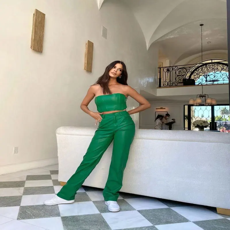 

2022 Autumn and Winter Pu Long Leather Pants Women Casual Wide-Leg Dark Green High Waist Top Leather Pants Suit