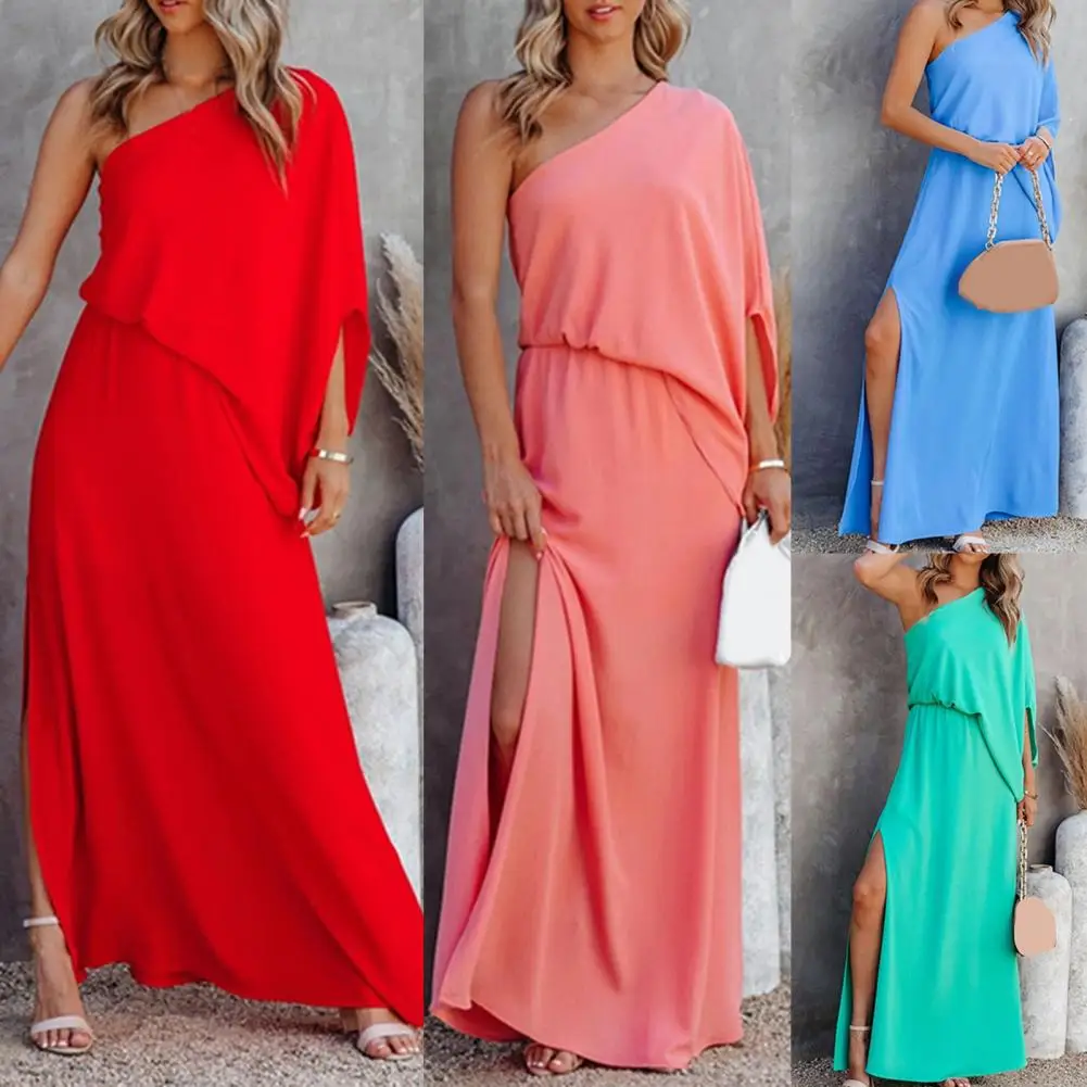 

Casual Women Dress Dress Single Shoulder Lady Slanted Shoulder Split Dress Long Dress Long