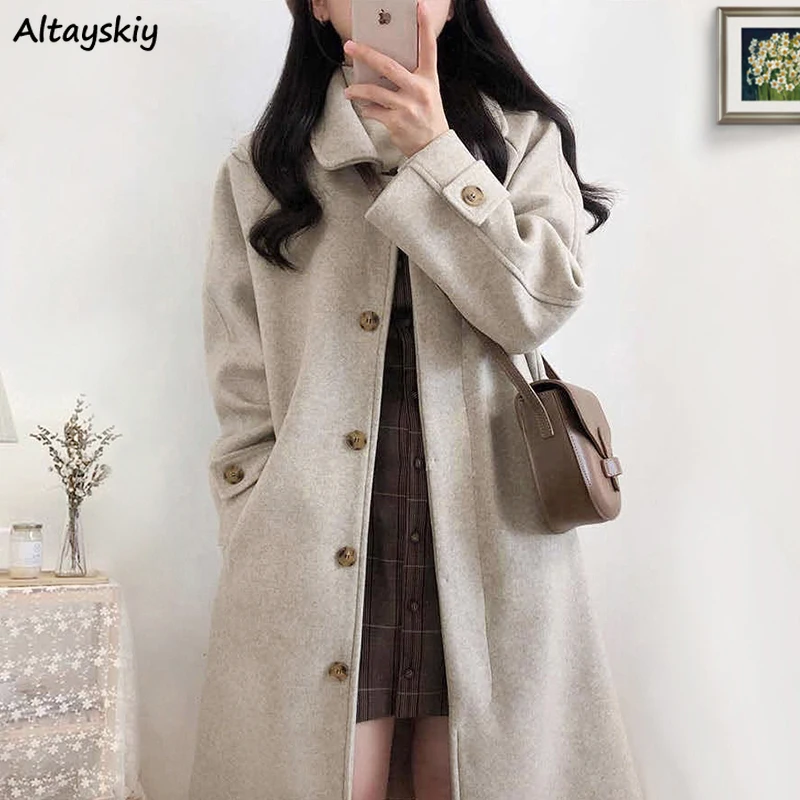 

Blends Women Long Wool Coat Thicker Warm Popular Lady Clothes Elegant College Winter Apricot Single Breasted Casual BF Tender